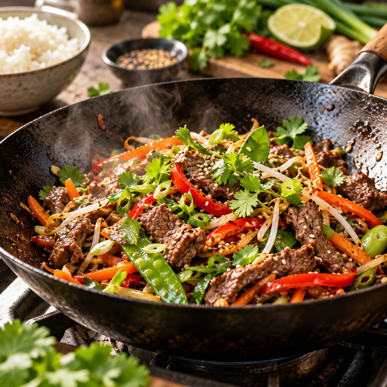 Beef-Wok mit Rindfleisch, knackigem Gemüse und Sesam